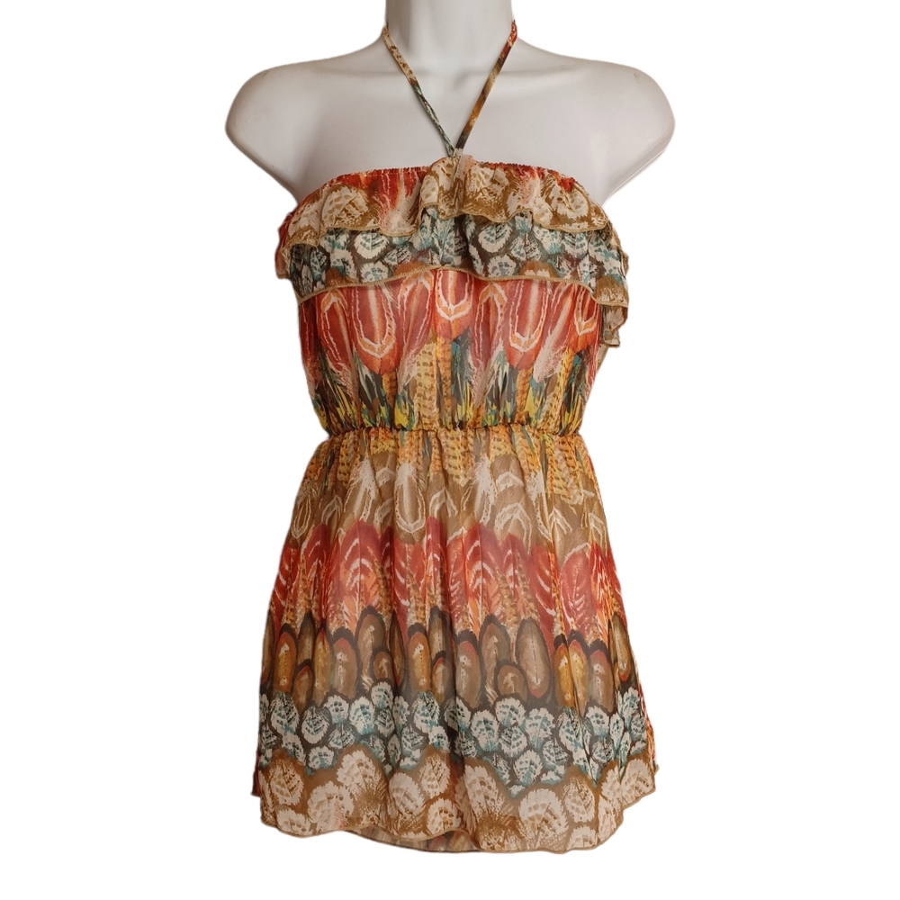 YIPPEE Colorful Brown Red Print Semi Sheer Halter Neck Sleeveless Top M NWT